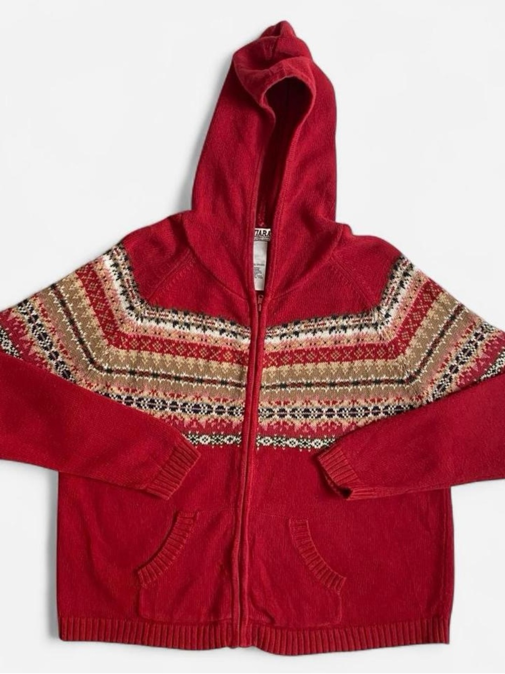 Vintage red fair isle zip front hooded cardigan